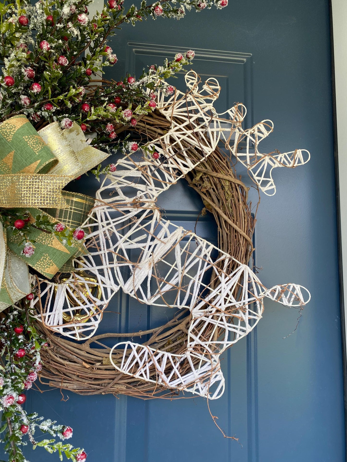 Rustic Winter Berry Wreath with Primitive Deer, Handcrafted Grapevine and Frosted Greenery Holiday Wreath