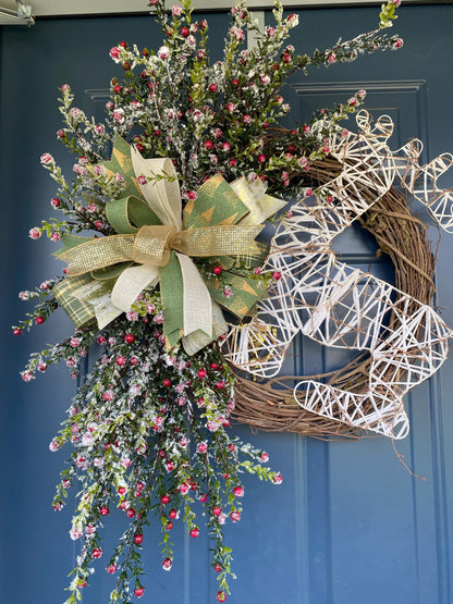 Rustic Winter Berry Wreath with Primitive Deer, Handcrafted Grapevine and Frosted Greenery Holiday Wreath