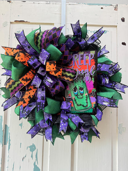 Cute Monster Halloween wreath for front door, Creep it Real Kid Friendly Halloween Wreath, Slim Wreath for behind Storm door