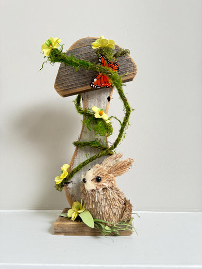 Wood Mushroom with Florals and Bunny. Mantel arrangement for Spring, Rustic Wood Mushroom Shelf Sitter