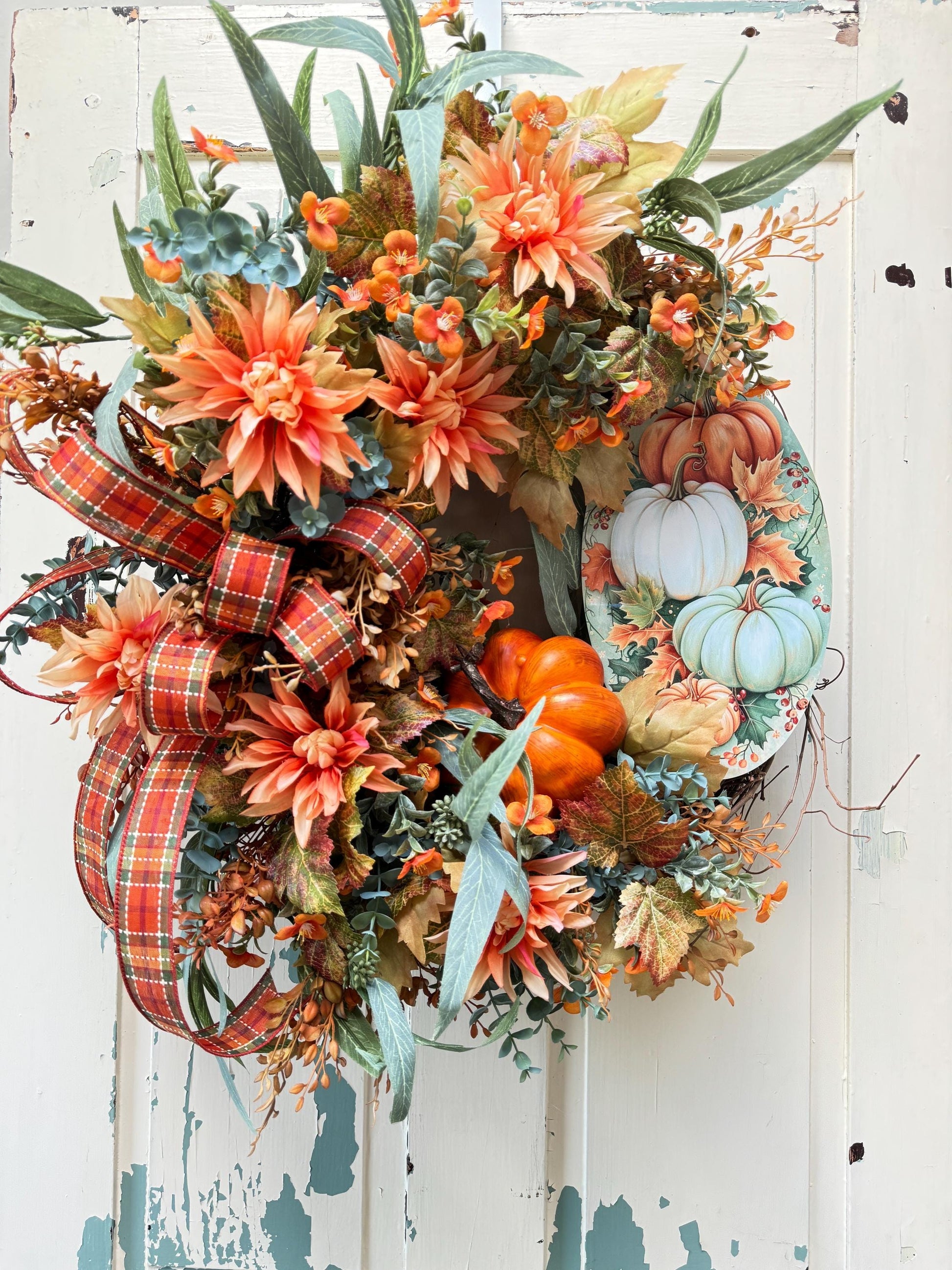 Welcome Fall Pumpkin Wreath for Front Door, Autumn Pumpkin Welcome Grapevine Decoration