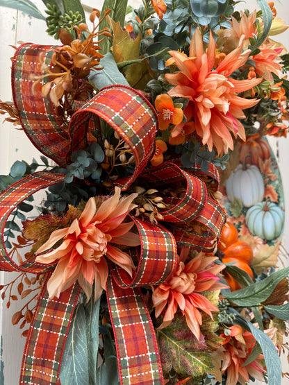 Welcome Fall Pumpkin Wreath for Front Door, Autumn Pumpkin Welcome Grapevine Decoration