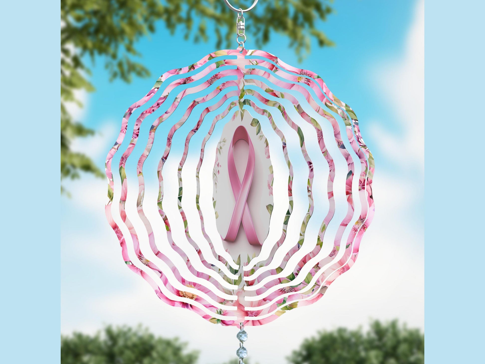 Breast Cancer Ribbon Wind Spinner, Pink Floral Awaereness Ribbon WindSpinner, Cancer Survivor Gift Gifts, Pink Wind Sun Catcher, SLWS81324-2