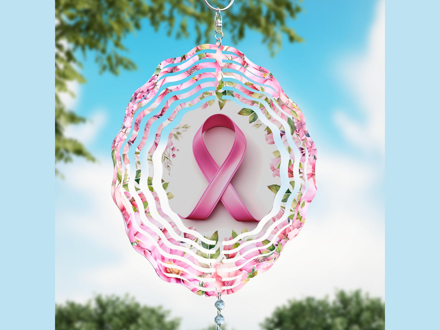 Breast Cancer Ribbon Wind Spinner, Pink Floral Awaereness Ribbon WindSpinner, Cancer Survivor Gift Gifts, Pink Wind Sun Catcher, SLWS81324-2