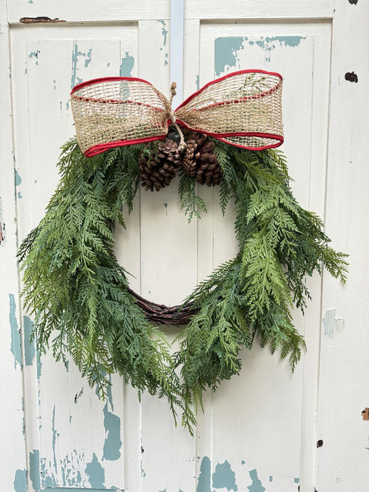 Rustic Cedar Christmas Wreath with Pinecones and Burlap Bow