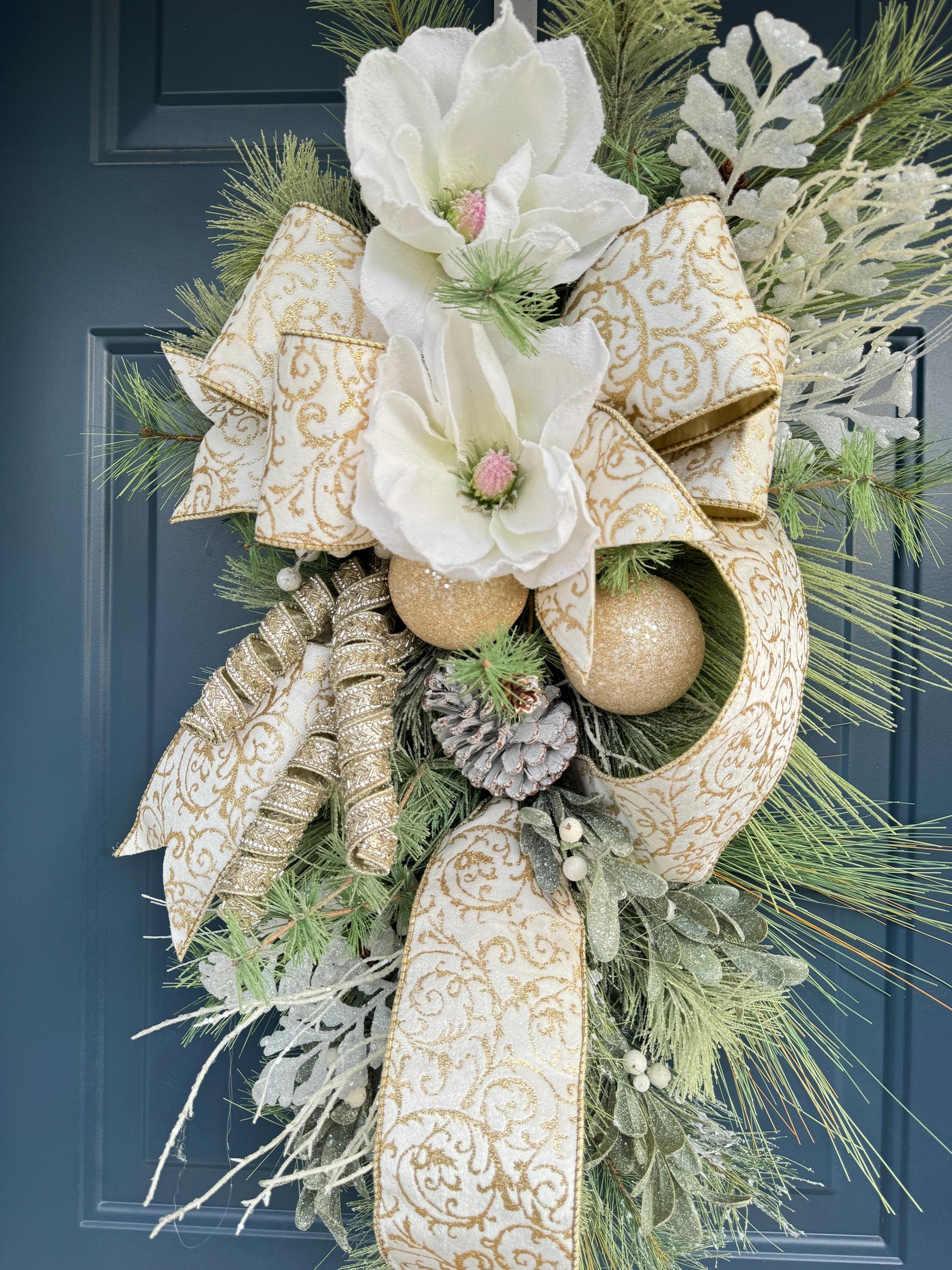 White and Gold Magnolia Christmas Luxe Swag for Front Door or Entryway, Luxury White Snowy Winter Wreath Swag,