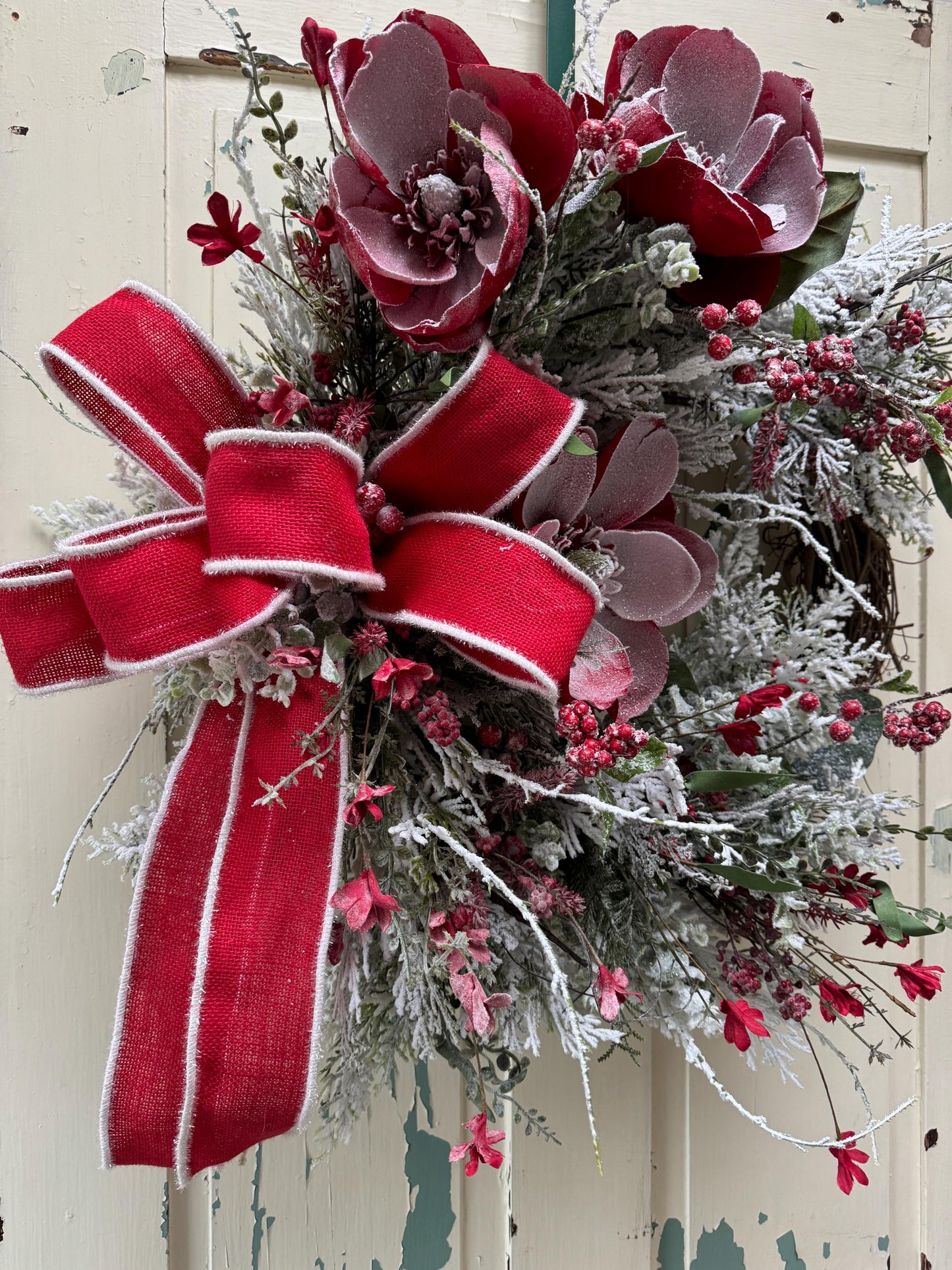 Red Magnolia Snowy Christmas Wreath for Front Door