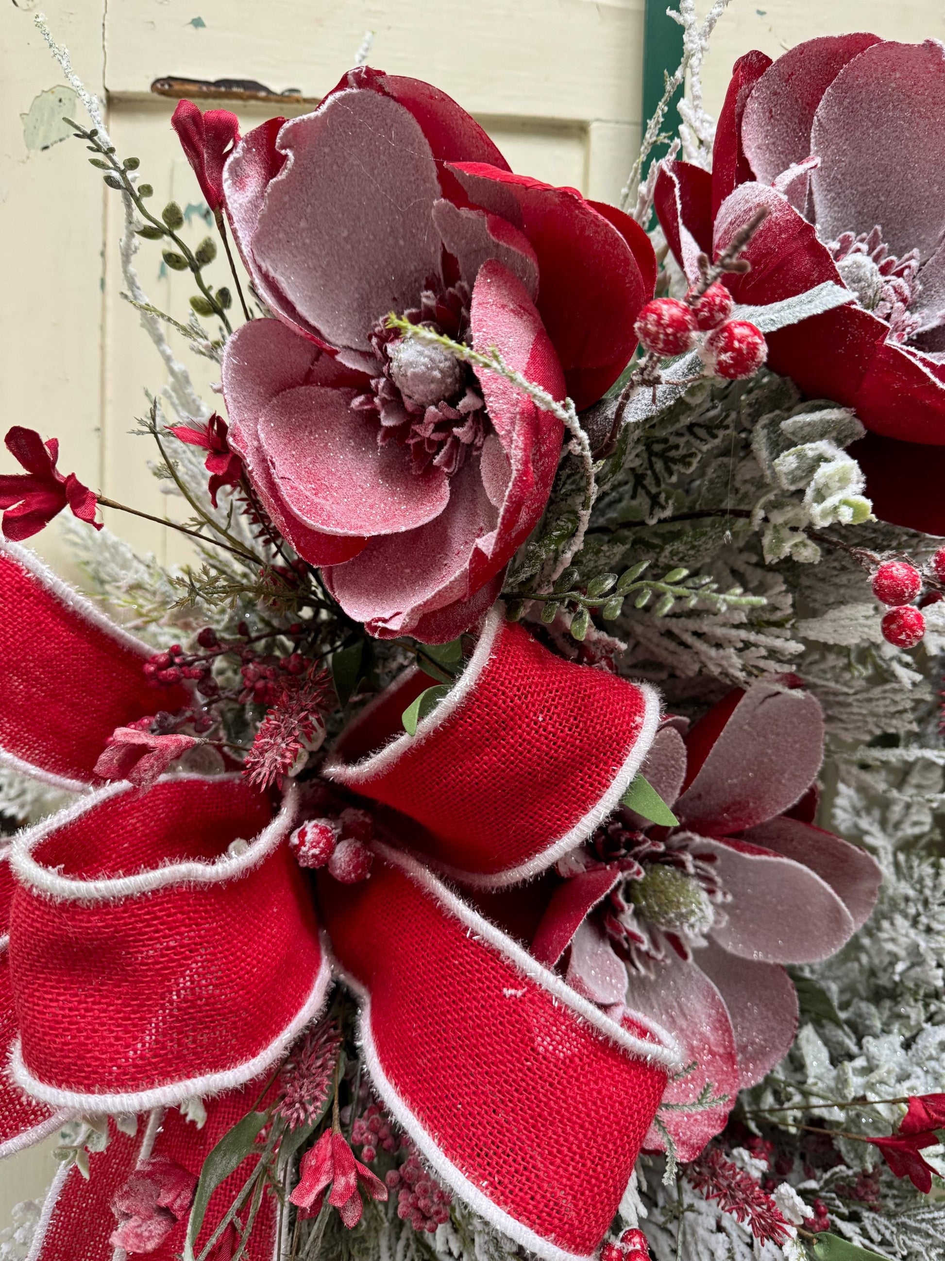 Red Magnolia Snowy Christmas Wreath for Front Door