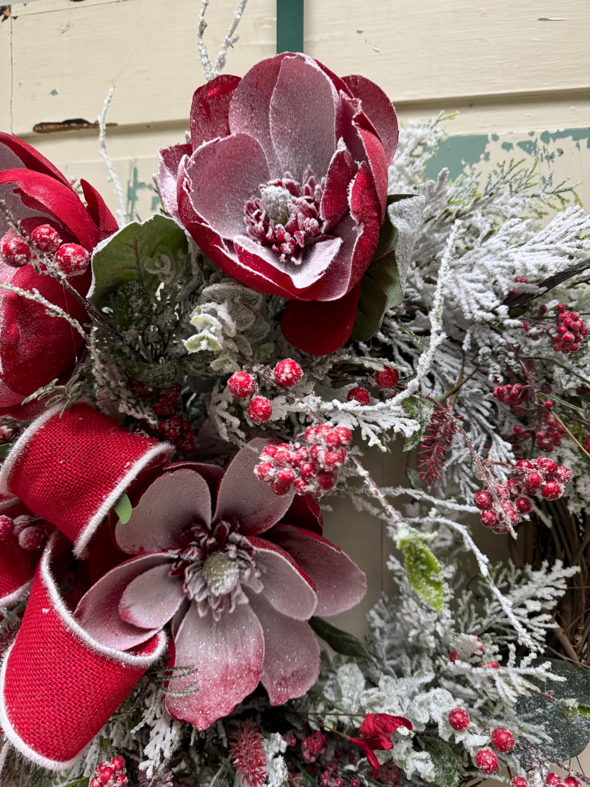 Red Magnolia Snowy Christmas Wreath for Front Door