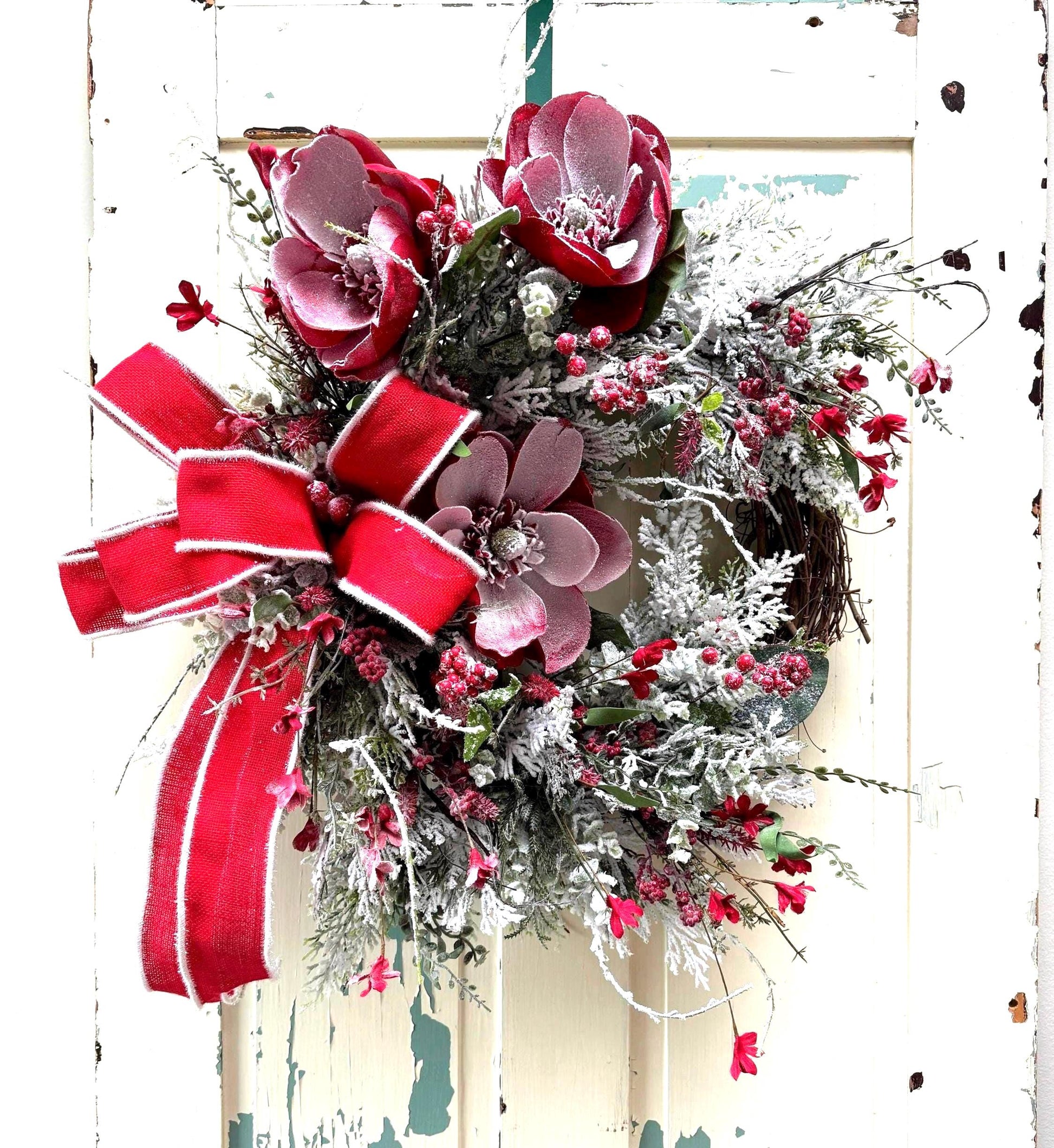 Red Magnolia Snowy Christmas Wreath for Front Door