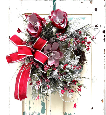 Red Magnolia Snowy Christmas Wreath for Front Door