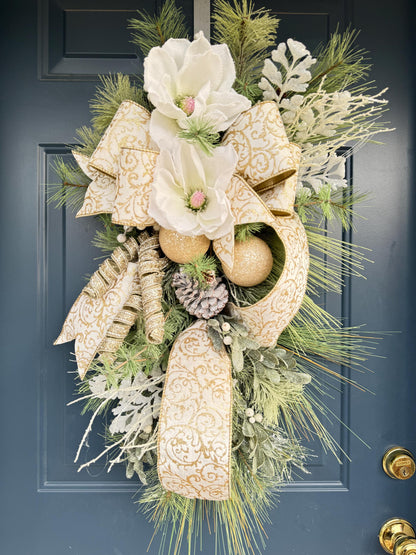 White and Gold Magnolia Christmas Luxe Swag for Front Door or Entryway, Luxury White Snowy Winter Wreath Swag,