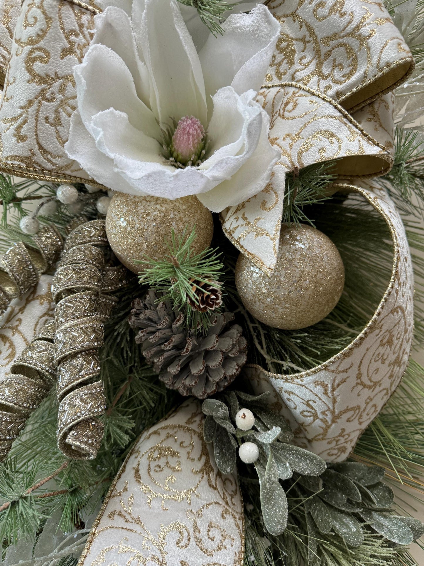 White and Gold Magnolia Christmas Luxe Swag for Front Door or Entryway, Luxury White Snowy Winter Wreath Swag,