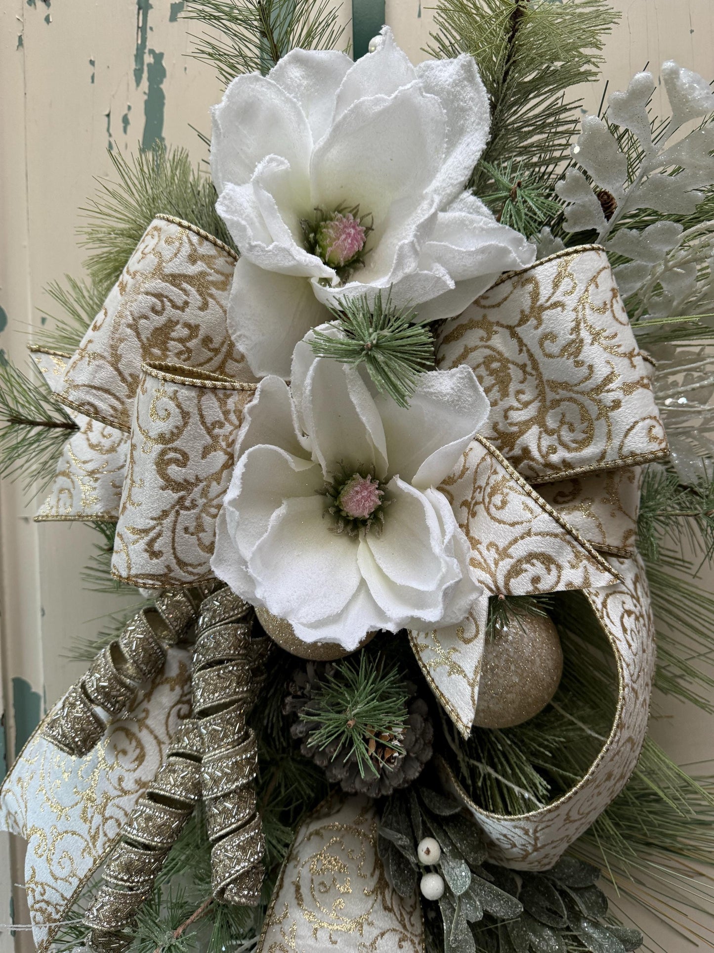 White and Gold Magnolia Christmas Luxe Swag for Front Door or Entryway, Luxury White Snowy Winter Wreath Swag,