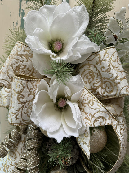 White and Gold Magnolia Christmas Luxe Swag for Front Door or Entryway, Luxury White Snowy Winter Wreath Swag,