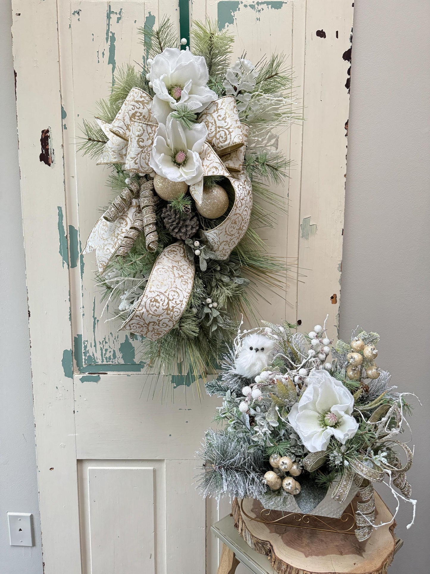 White and Gold Magnolia Christmas Luxe Swag for Front Door or Entryway, Luxury White Snowy Winter Wreath Swag,