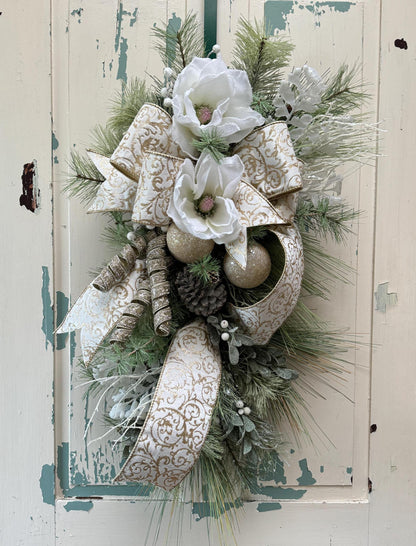 White and Gold Magnolia Christmas Luxe Swag for Front Door or Entryway, Luxury White Snowy Winter Wreath Swag,