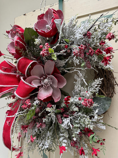 Red Magnolia Snowy Christmas Wreath for Front Door