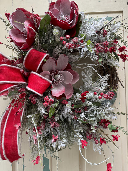 Red Magnolia Snowy Christmas Wreath for Front Door