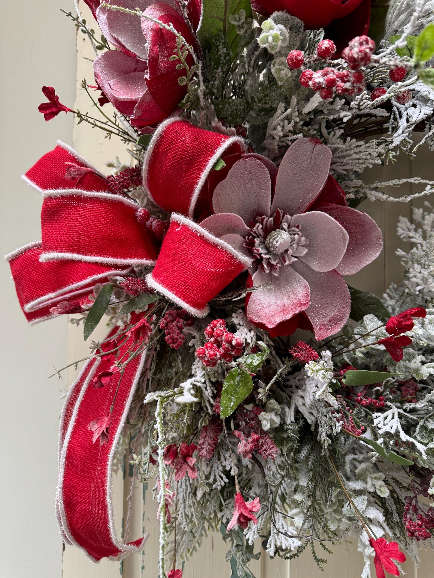 Red Magnolia Snowy Christmas Wreath for Front Door