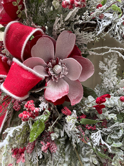 Red Magnolia Snowy Christmas Wreath for Front Door