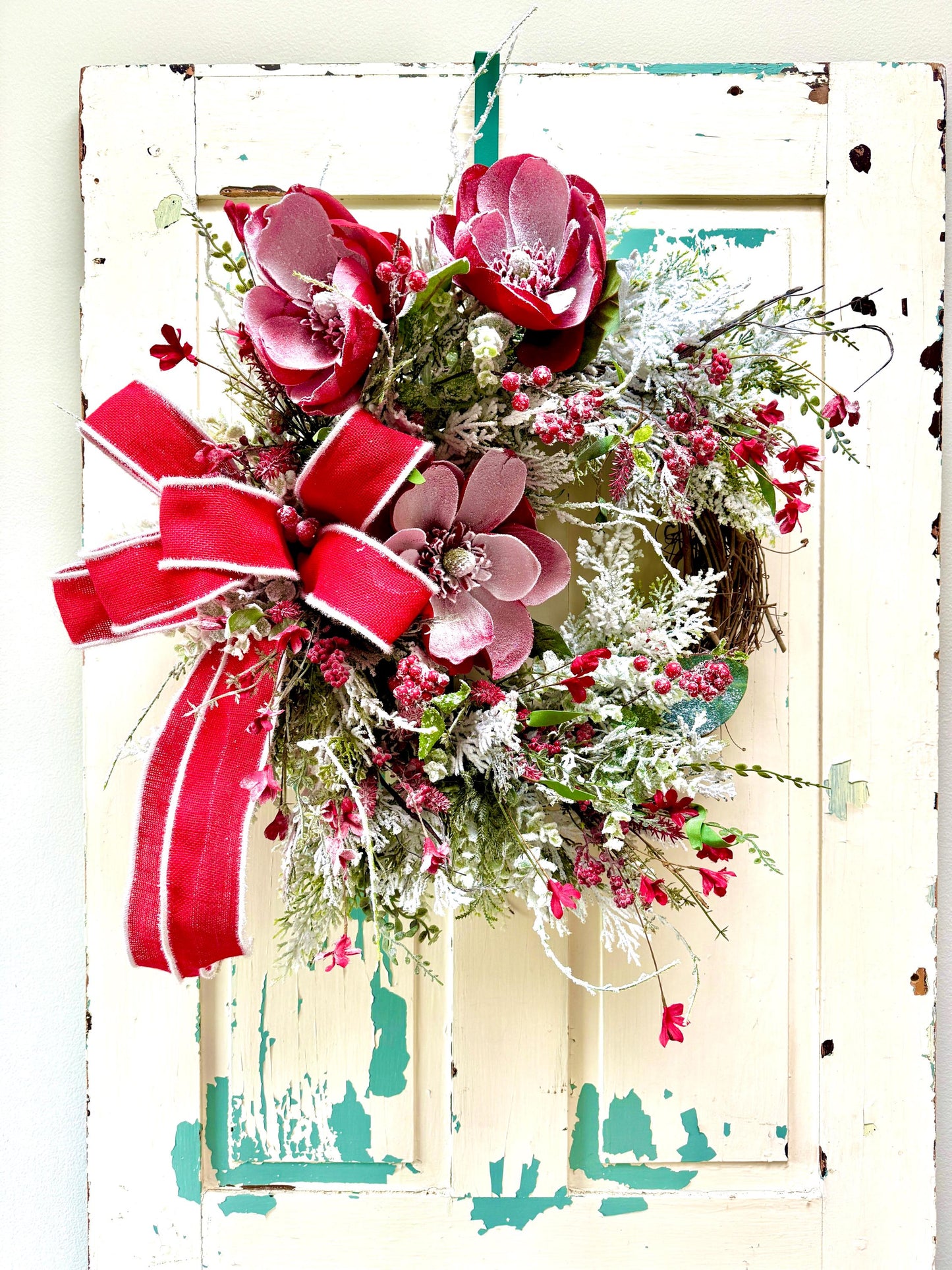 Red Magnolia Snowy Christmas Wreath for Front Door