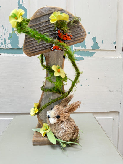 Wood Mushroom with Florals and Bunny. Mantel arrangement for Spring, Rustic Wood Mushroom Shelf Sitter