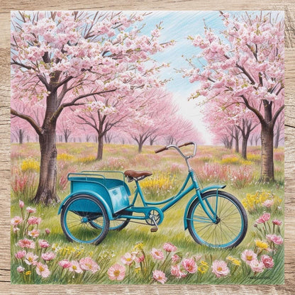 Vintage Bicycle with a Spring Cherry Trees Wreath Sign, Cherry Blossom Metal Art Sign Decoration, Spring Mantle Decoration