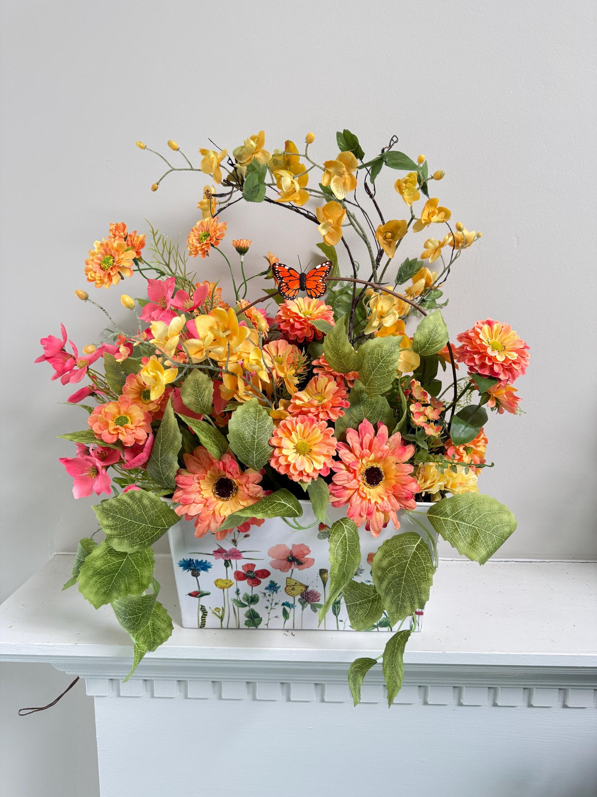 Spring Floral Arrangement - Artificial Flower Centerpiece with Butterfly - Summer Home Decor - Butterfly Orchid Mantel Decoration