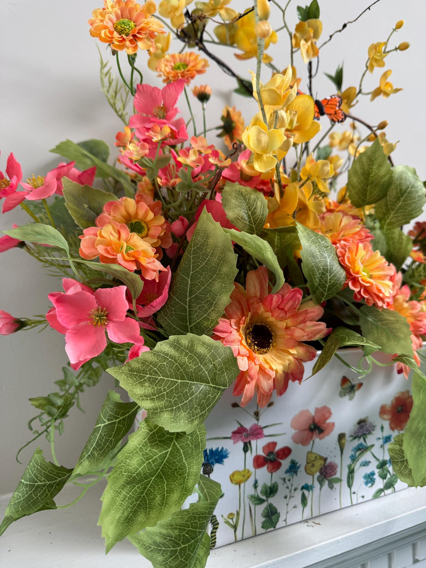 Spring Floral Arrangement - Artificial Flower Centerpiece with Butterfly - Summer Home Decor - Butterfly Orchid Mantel Decoration