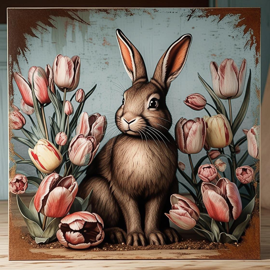 Vintage Square Easter Bunny Sign, Rabbit with Tulips Metal Art Sign Decoration, Easter Mantle Decoration, Spring Wreath Attachment