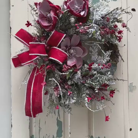 Red Magnolia Snowy Christmas Wreath for Front Door