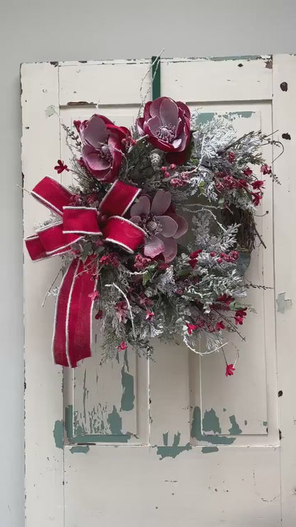 Red Magnolia Snowy Christmas Wreath for Front Door