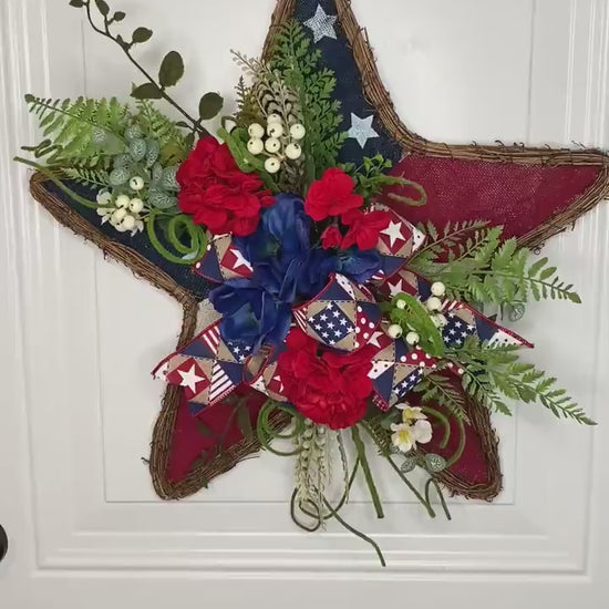 Patriotic Wreath for Front Door, Hanging Star with Flowers, Americana Stars Stripes Door Hanger with Flowers, Independence Day Porch Decor,