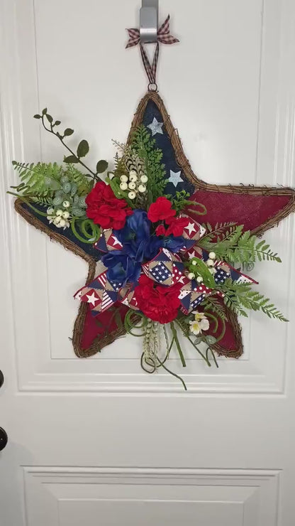 Patriotic Wreath for Front Door, Hanging Star with Flowers, Americana Stars Stripes Door Hanger with Flowers, Independence Day Porch Decor,