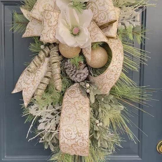 White and Gold Magnolia Christmas Luxe Swag for Front Door or Entryway