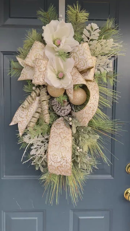 White and Gold Magnolia Christmas Luxe Swag for Front Door or Entryway