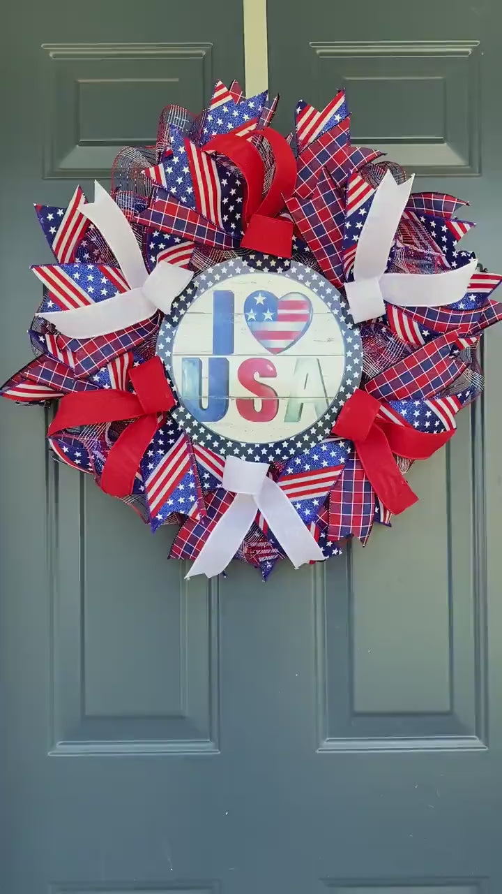 Patriotic Summer Welcome Wreath, Military Family Wreath, Americana Porch Decor, Veteran Gift, 4th of July Wreath