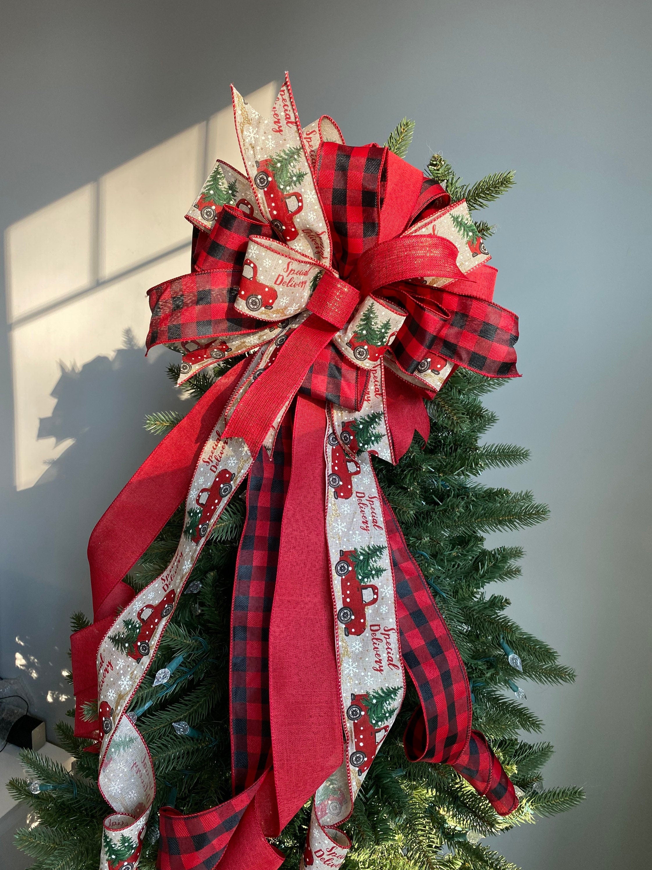 Store Xlarge Red Truck Christmas Weath bow, Farmhouse Christmas Tree Topper Bow, Red black Plaid Farmhouse Christmas Tree Bow, Red truck Tree Bow