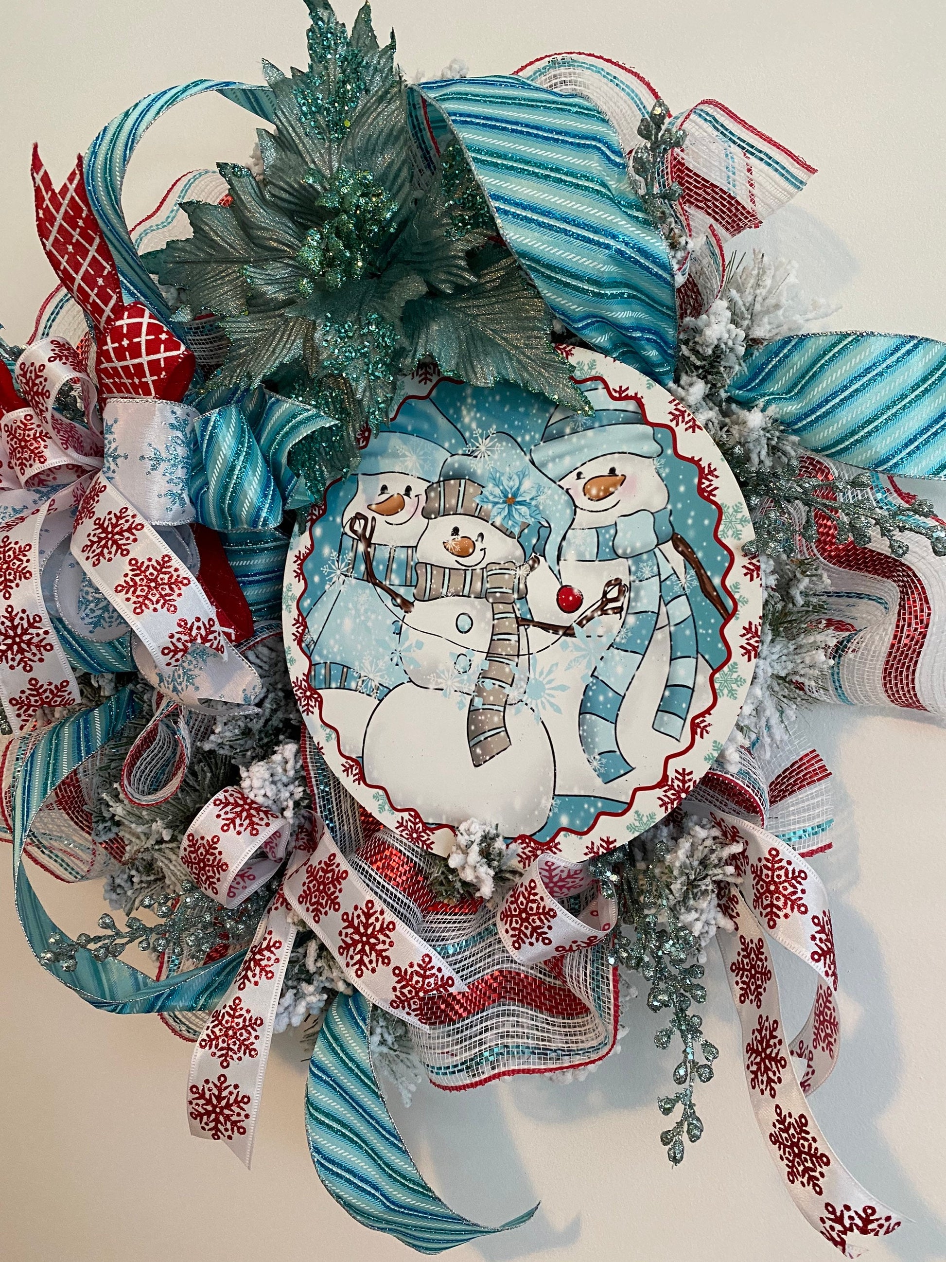 Snowman Winter Wreath for Front Door, Ice Blue and Red Whimsical Christmas Wreath, Winter Wonderland Decorations