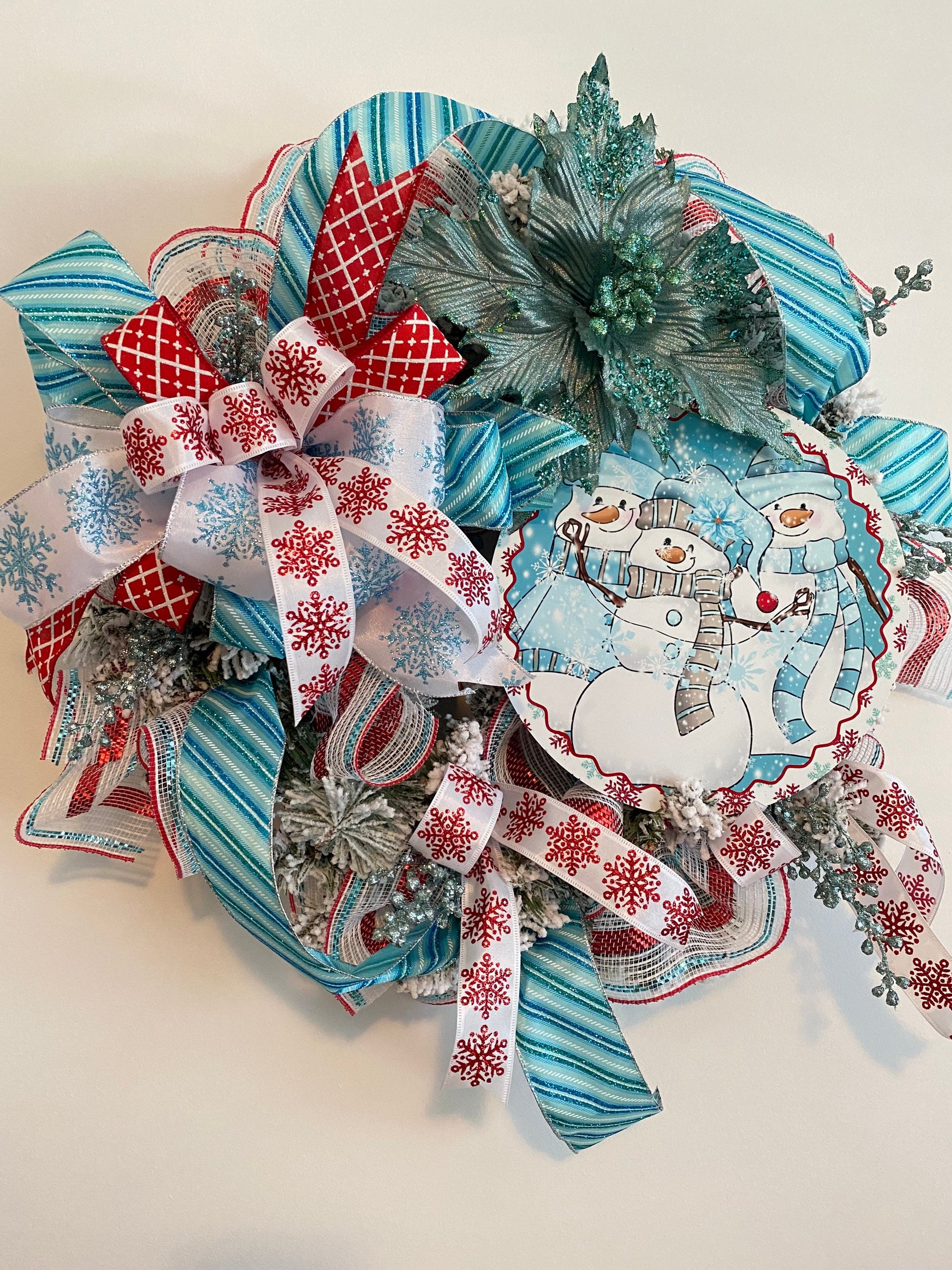 Snowman Winter Wreath for Front Door, Ice Blue and Red Whimsical Christmas Wreath, Winter Wonderland Decorations