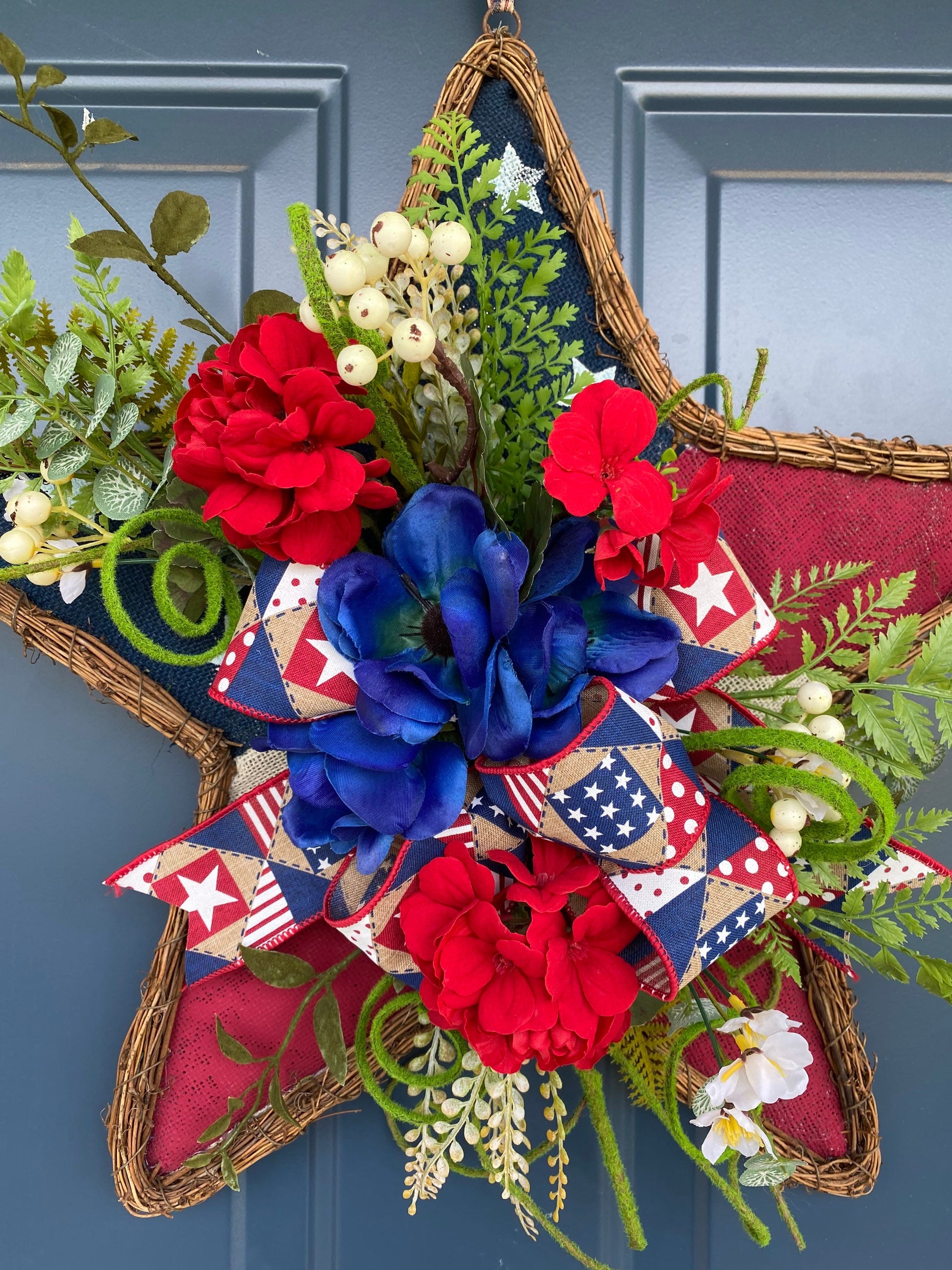 Patriotic Wreath for Front Door, Hanging Star with Flowers, Americana Stars Stripes Door Hanger with Flowers, Independence Day Porch Decor,