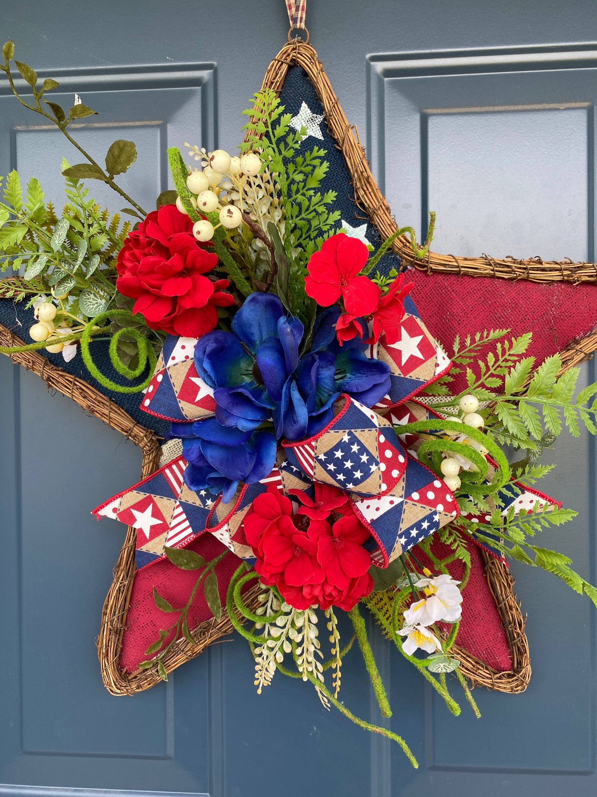 Patriotic Wreath for Front Door, Hanging Star with Flowers, Americana Stars Stripes Door Hanger with Flowers, Independence Day Porch Decor,