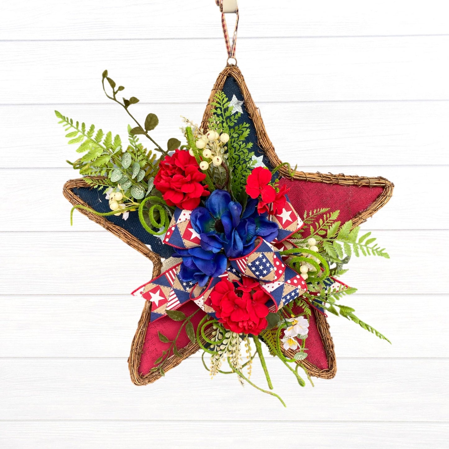 Patriotic Wreath for Front Door, Hanging Star with Flowers, Americana Stars Stripes Door Hanger with Flowers, Independence Day Porch Decor,