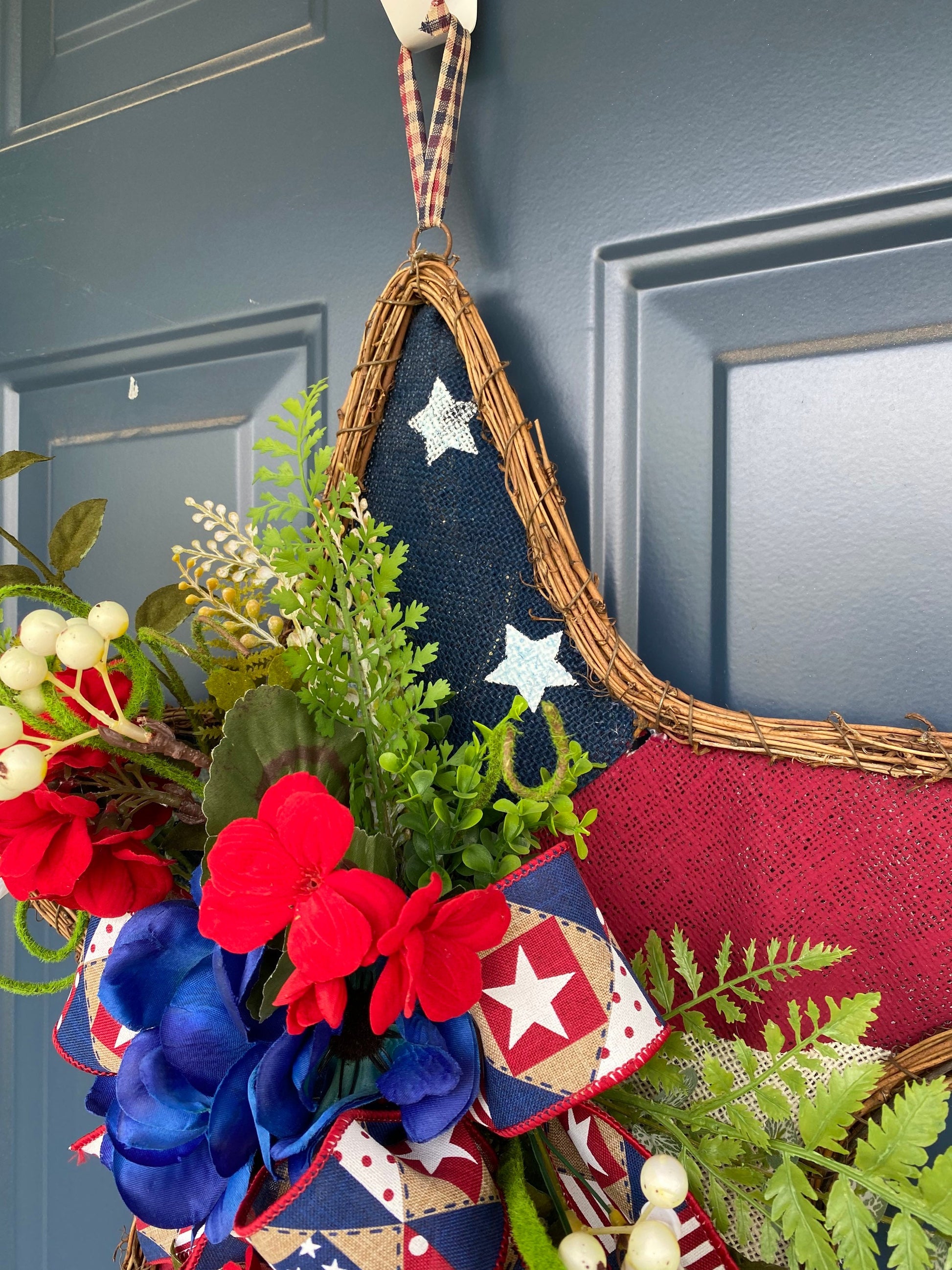 Patriotic Wreath for Front Door, Hanging Star with Flowers, Americana Stars Stripes Door Hanger with Flowers, Independence Day Porch Decor,