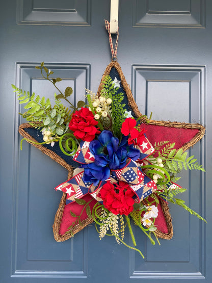 Patriotic Wreath for Front Door, Hanging Star with Flowers, Americana Stars Stripes Door Hanger with Flowers, Independence Day Porch Decor,