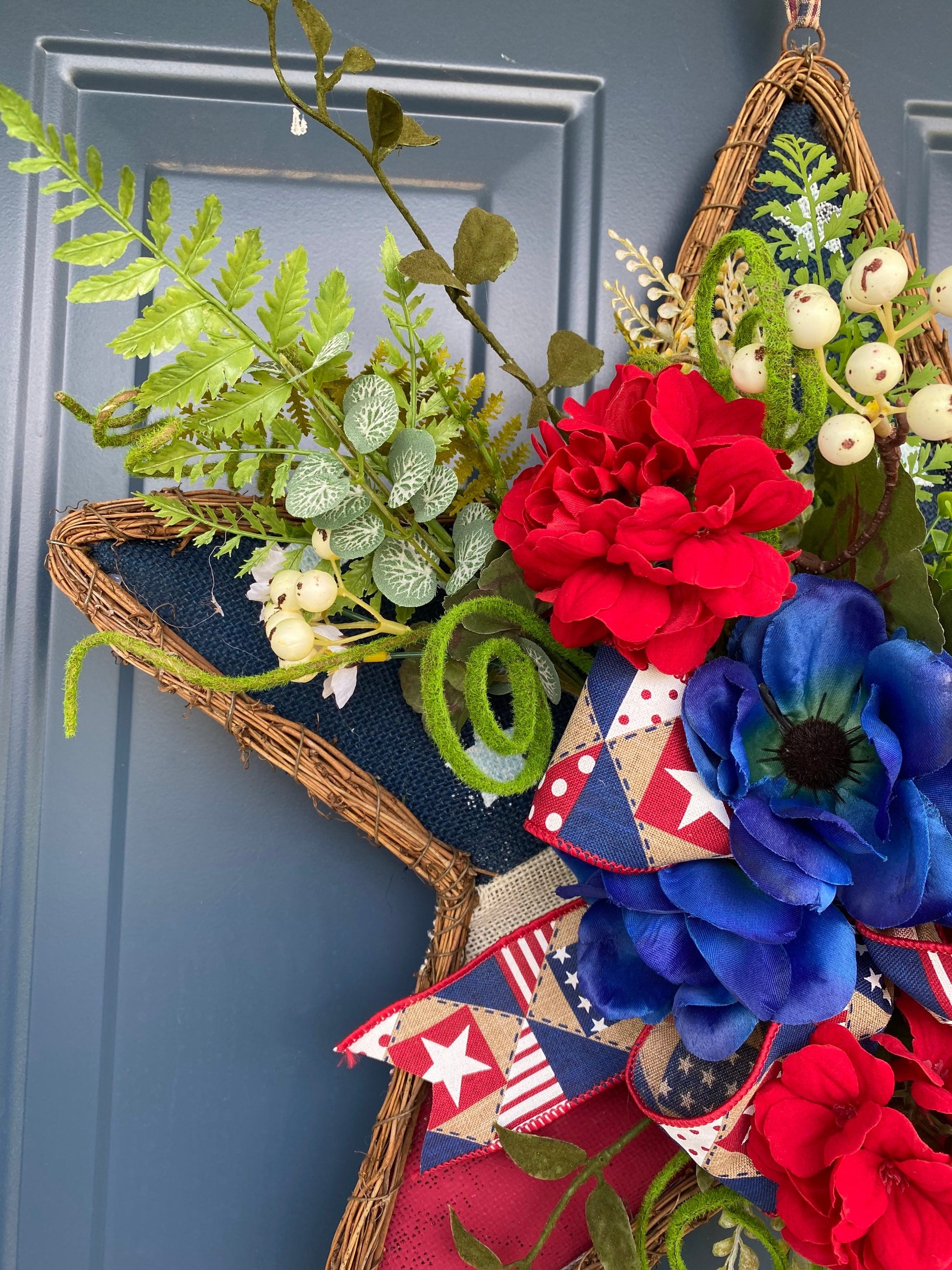 Patriotic Wreath for Front Door, Hanging Star with Flowers, Americana Stars Stripes Door Hanger with Flowers, Independence Day Porch Decor,