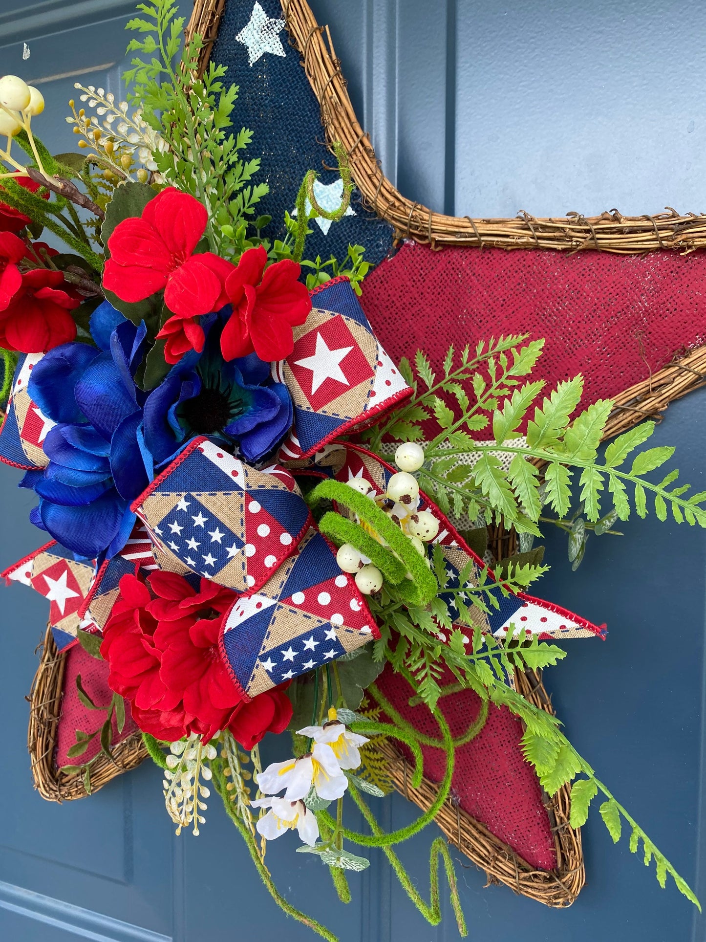 Patriotic Wreath for Front Door, Hanging Star with Flowers, Americana Stars Stripes Door Hanger with Flowers, Independence Day Porch Decor,