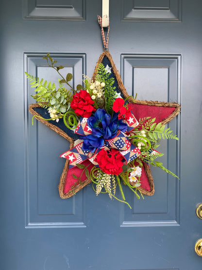 Patriotic Wreath for Front Door, Hanging Star with Flowers, Americana Stars Stripes Door Hanger with Flowers, Independence Day Porch Decor,