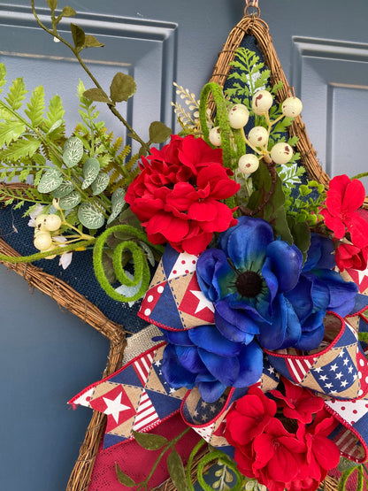 Patriotic Wreath for Front Door, Hanging Star with Flowers, Americana Stars Stripes Door Hanger with Flowers, Independence Day Porch Decor,